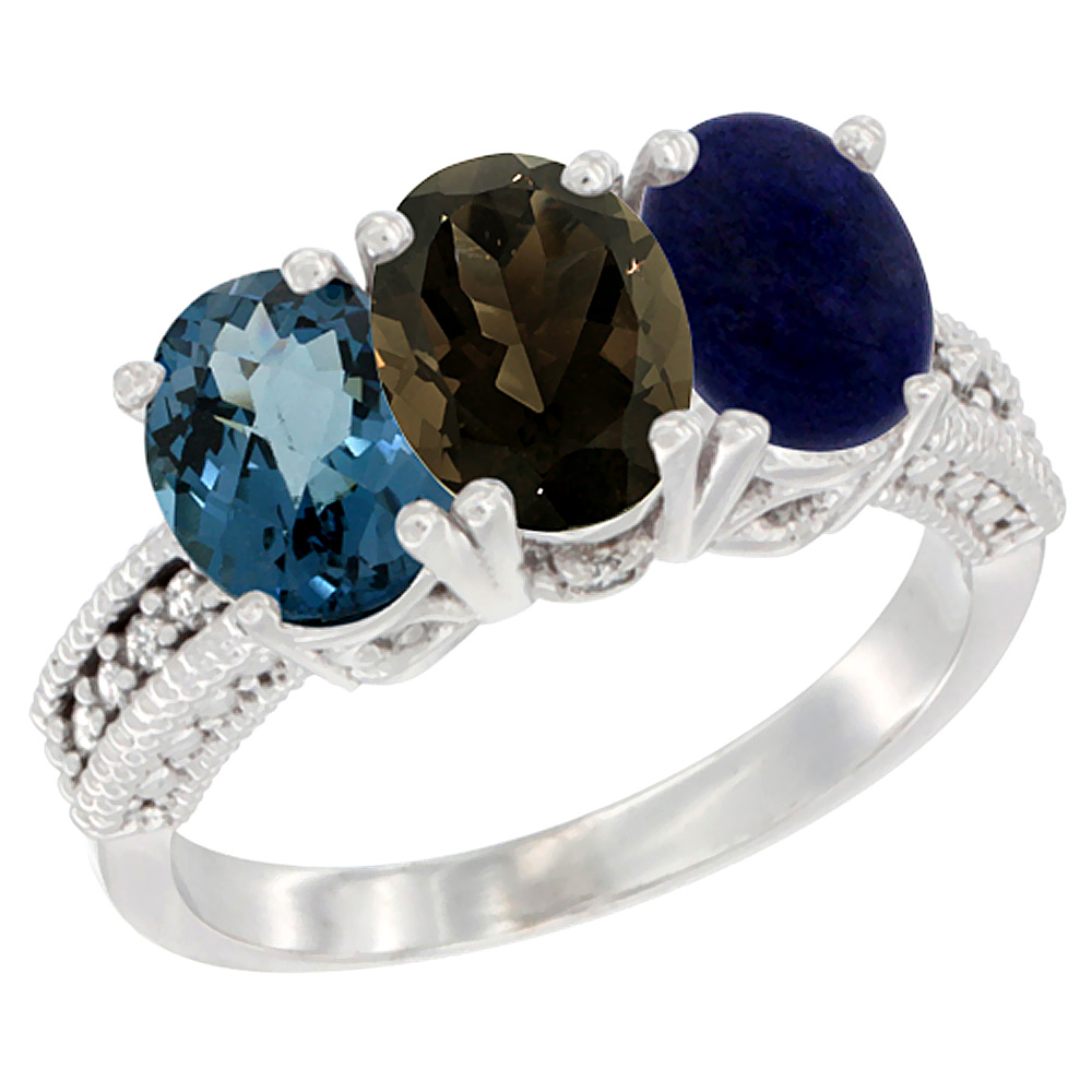 10K White Gold Natural London Blue Topaz, Smoky Topaz & Lapis Ring 3-Stone Oval 7x5 mm Diamond Accent, sizes 5 - 10