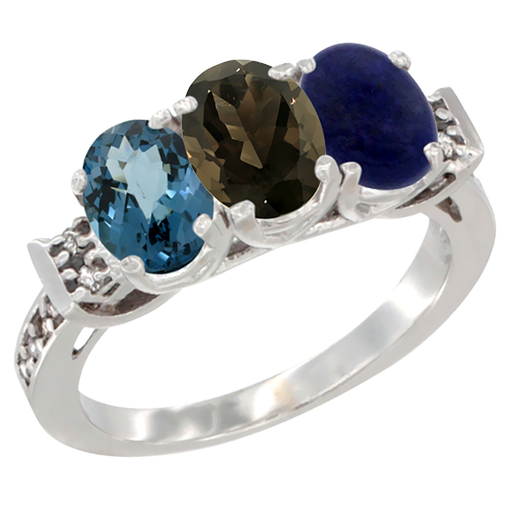 10K White Gold Natural London Blue Topaz, Smoky Topaz & Lapis Ring 3-Stone Oval 7x5 mm Diamond Accent, sizes 5 - 10