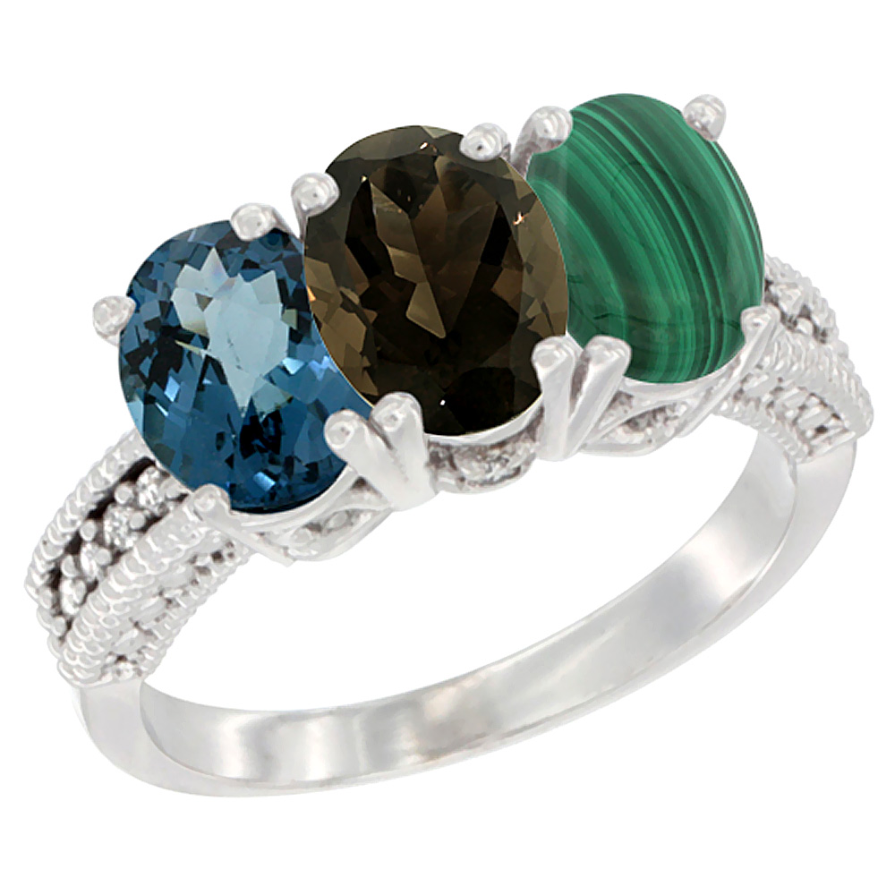 14K White Gold Natural London Blue Topaz, Smoky Topaz & Malachite Ring 3-Stone 7x5 mm Oval Diamond Accent, sizes 5 - 10