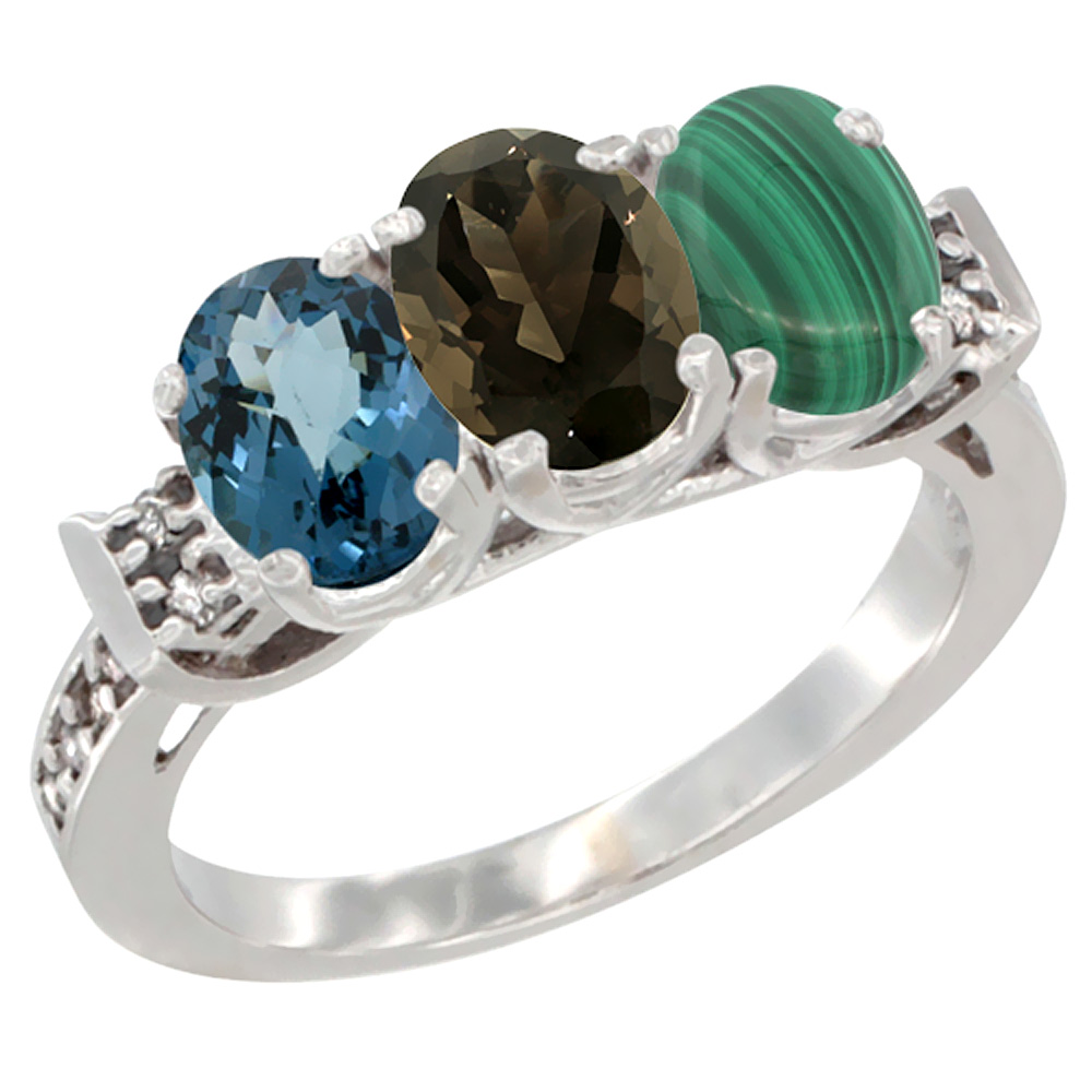 10K White Gold Natural London Blue Topaz, Smoky Topaz & Malachite Ring 3-Stone Oval 7x5 mm Diamond Accent, sizes 5 - 10