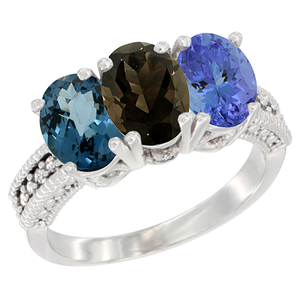 14K White Gold Natural London Blue Topaz, Smoky Topaz & Tanzanite Ring 3-Stone 7x5 mm Oval Diamond Accent, sizes 5 - 10