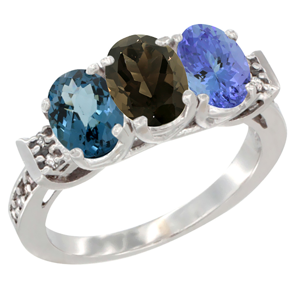 14K White Gold Natural London Blue Topaz, Smoky Topaz & Tanzanite Ring 3-Stone 7x5 mm Oval Diamond Accent, sizes 5 - 10