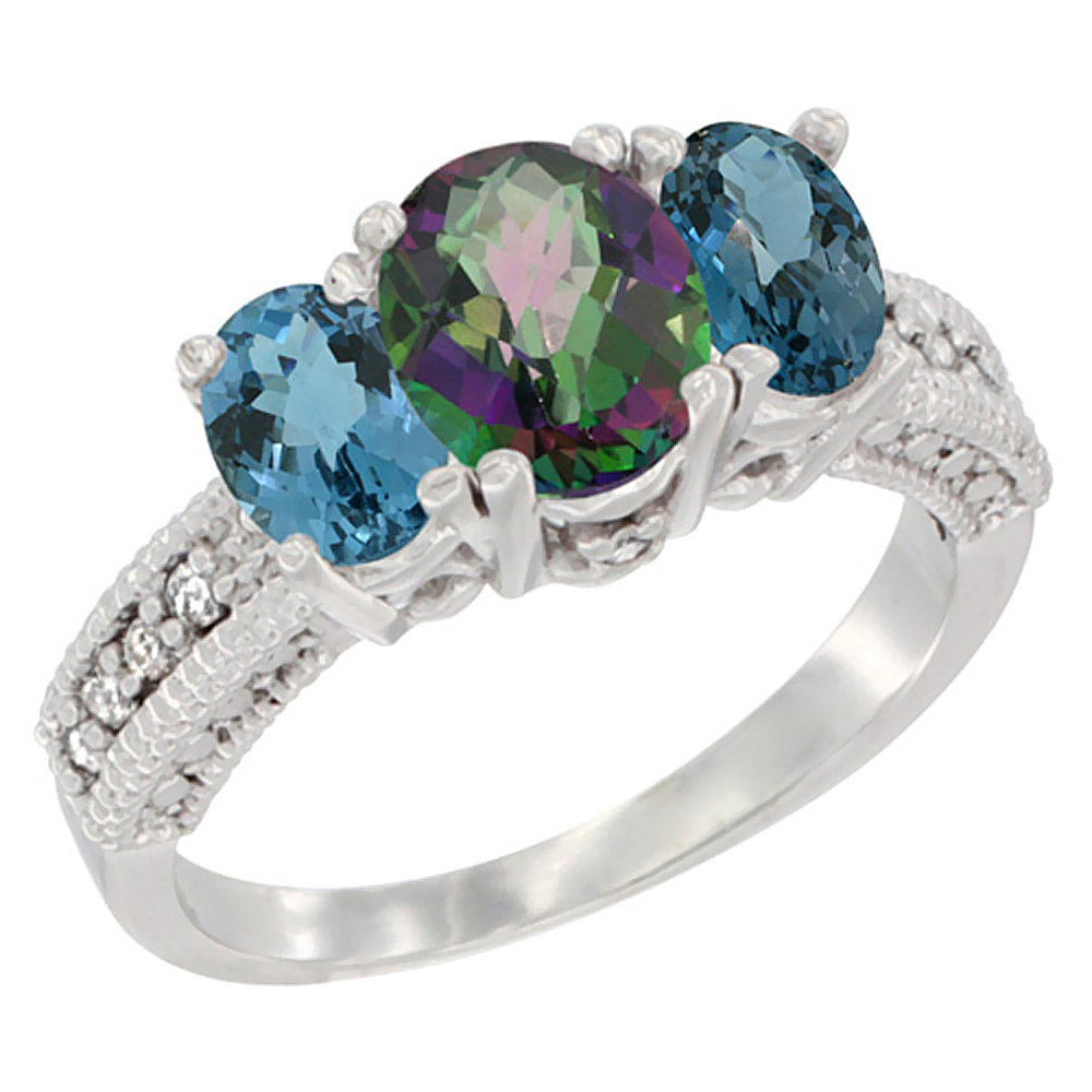 14K White Gold Diamond Natural Mystic Topaz Ring Oval 3-stone with London Blue Topaz, sizes 5 - 10