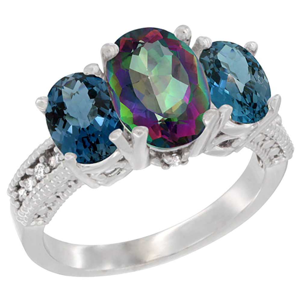 10K White Gold Diamond Natural Mystic Topaz Ring 3-Stone Oval 8x6mm with London Blue Topaz, sizes5-10