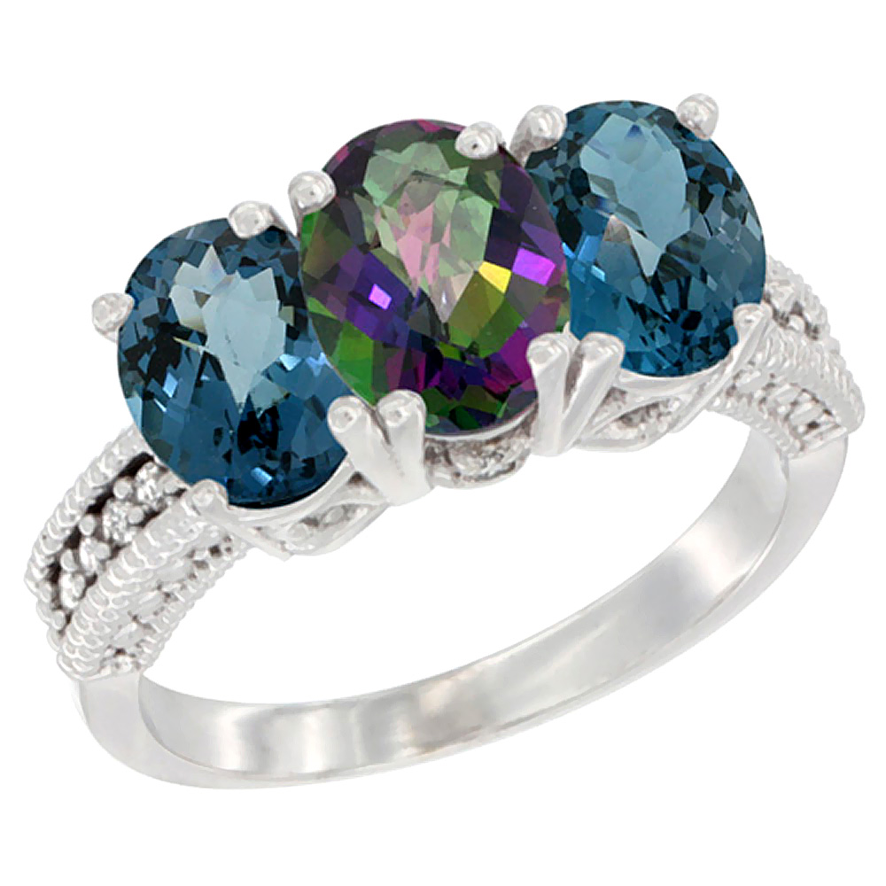 10K White Gold Natural Mystic Topaz & London Blue Topaz Sides Ring 3-Stone Oval 7x5 mm Diamond Accent, sizes 5 - 10