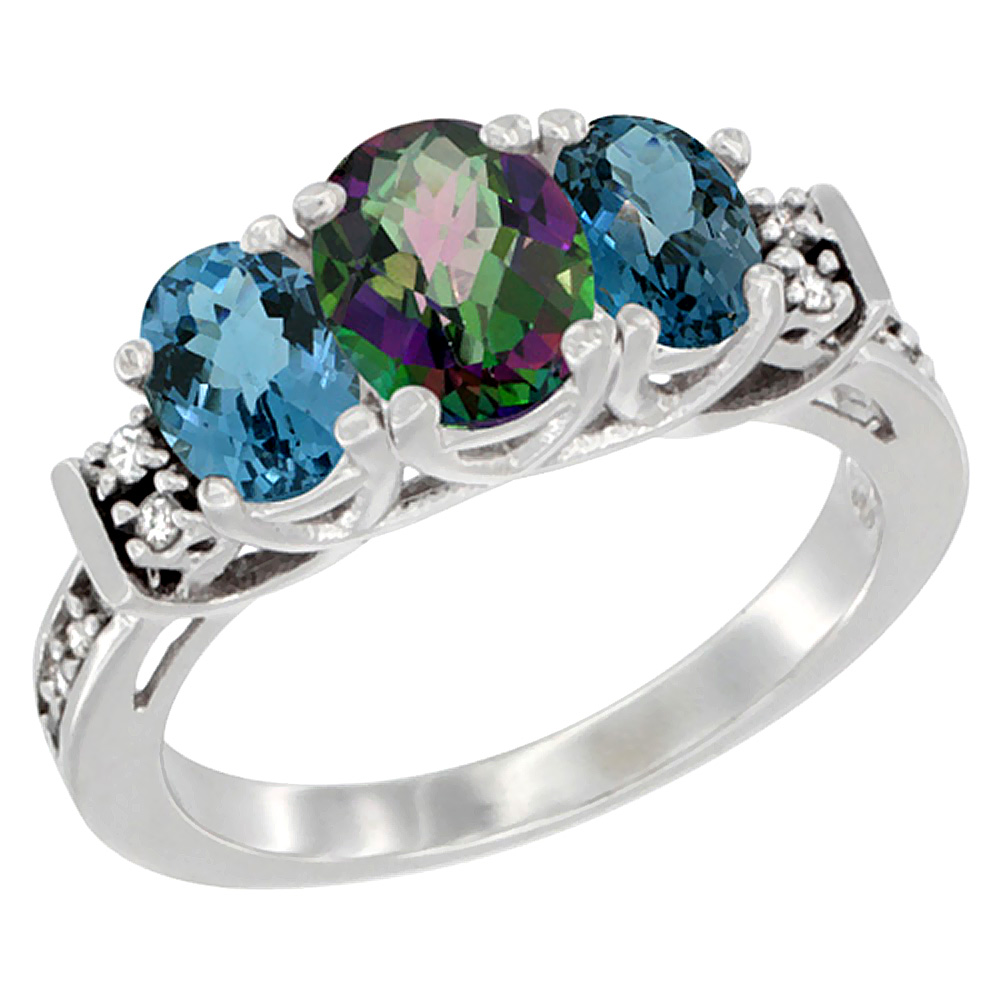 10K White Gold Natural Mystic Topaz &amp; London Blue Ring 3-Stone Oval Diamond Accent, sizes 5-10