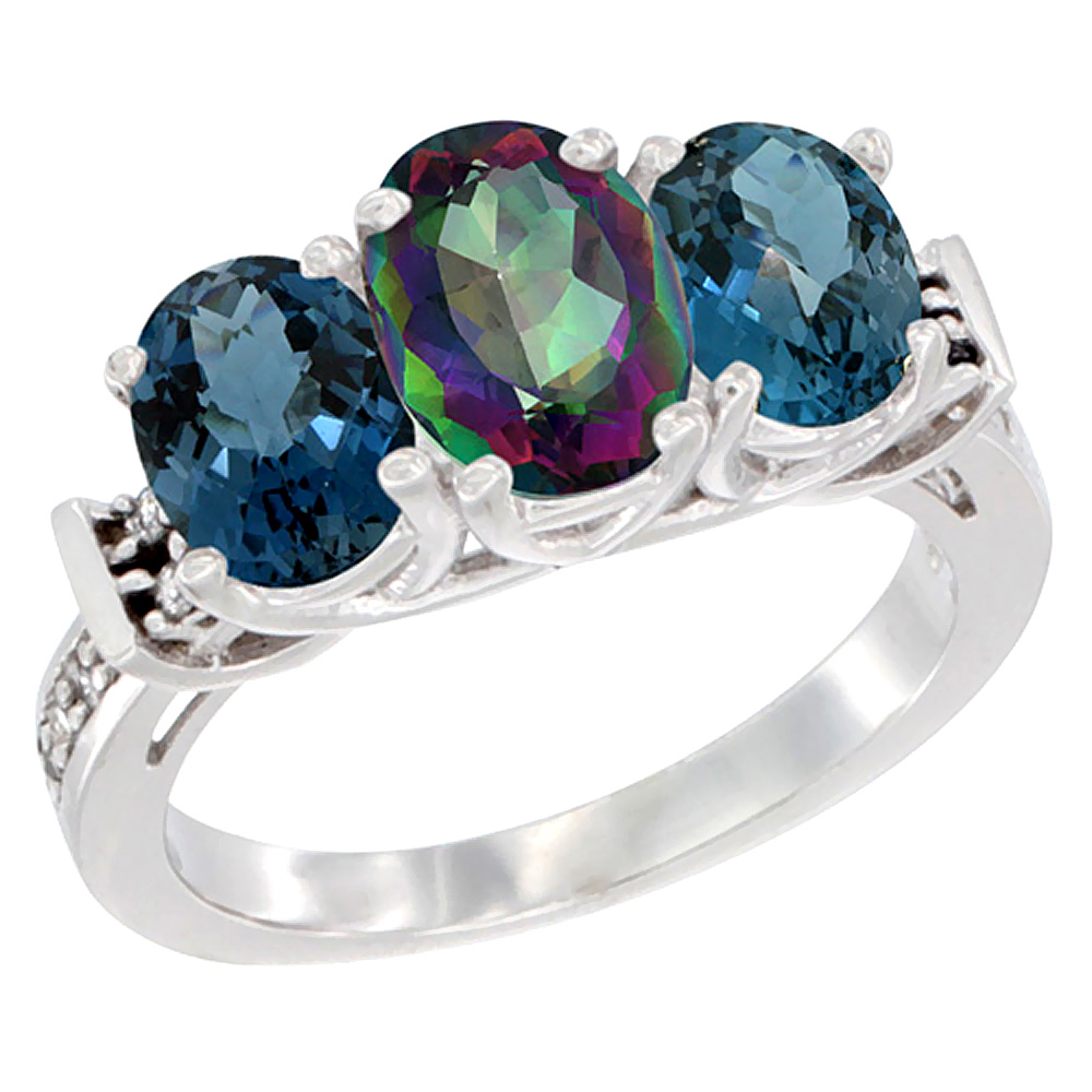 10K White Gold Natural Mystic Topaz & London Blue Topaz Sides Ring 3-Stone Oval Diamond Accent, sizes 5 - 10