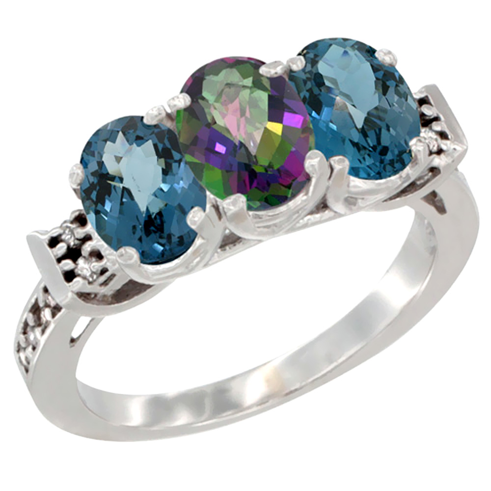 10K White Gold Natural Mystic Topaz & London Blue Topaz Sides Ring 3-Stone Oval 7x5 mm Diamond Accent, sizes 5 - 10