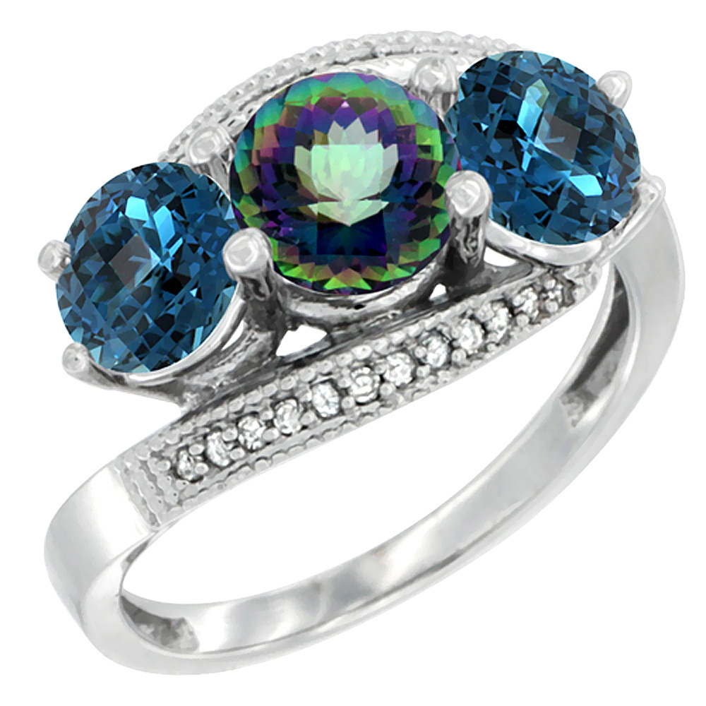 14K White Gold Natural Mystic Topaz &amp; London Blue Topaz Sides 3 stone Ring Round 6mm Diamond Accent, sizes 5 - 10