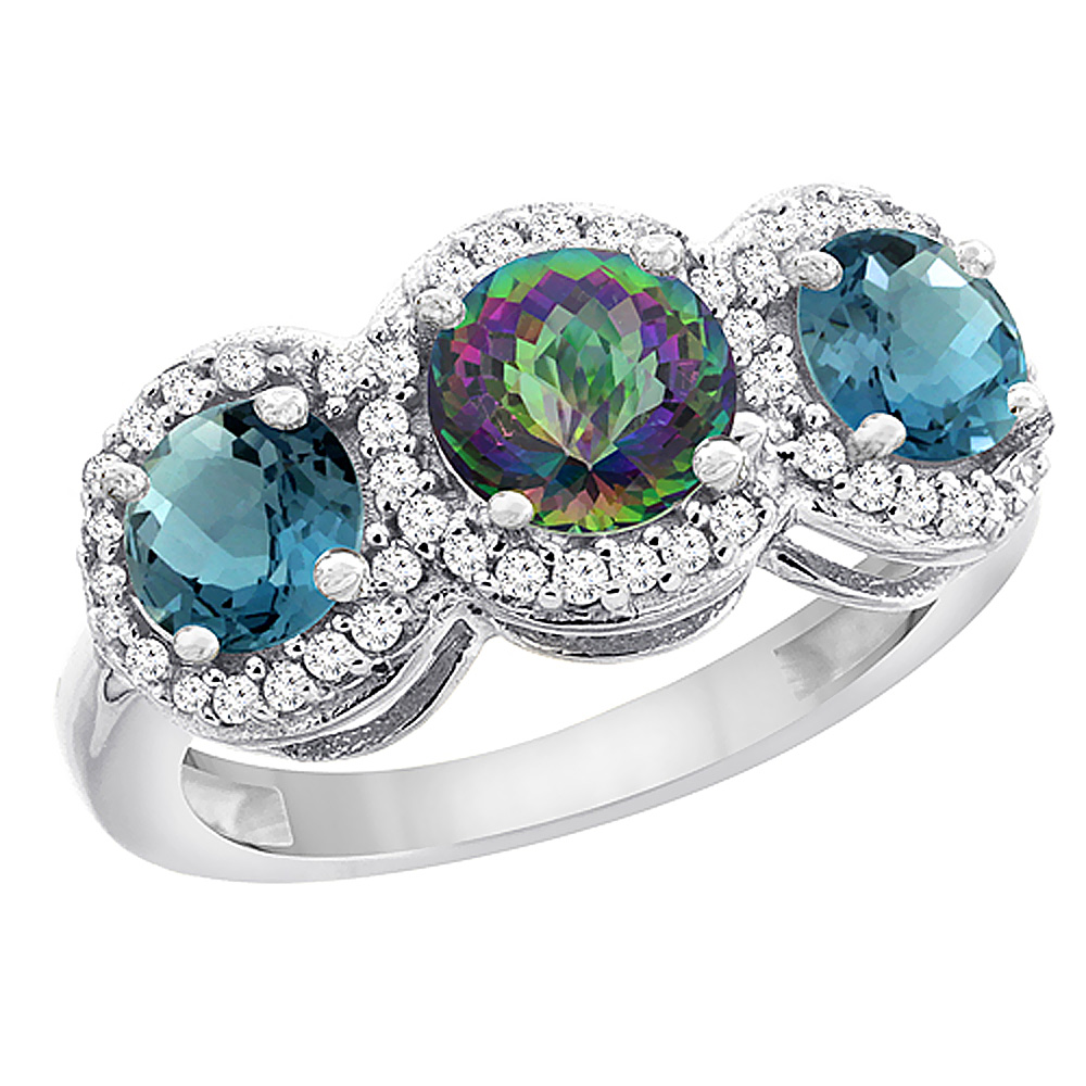 10K White Gold Natural Mystic Topaz & London Blue Topaz Sides Round 3-stone Ring Diamond Accents, sizes 5 - 10