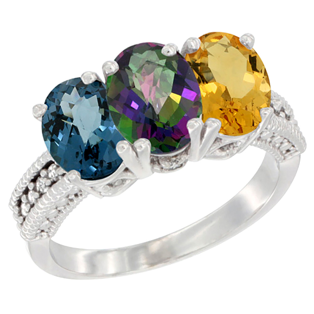 14K White Gold Natural London Blue Topaz, Mystic Topaz &amp; Citrine Ring 3-Stone 7x5 mm Oval Diamond Accent, sizes 5 - 10