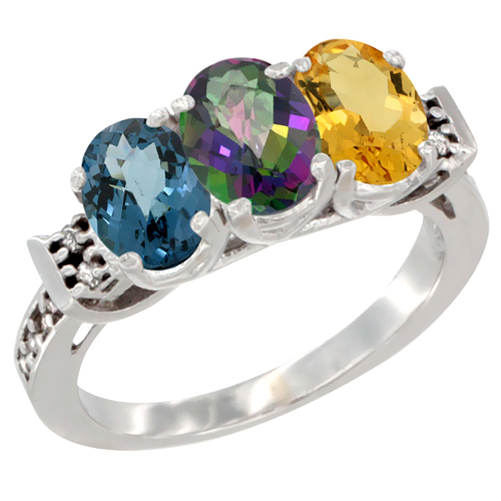 14K White Gold Natural London Blue Topaz, Mystic Topaz & Citrine Ring 3-Stone 7x5 mm Oval Diamond Accent, sizes 5 - 10