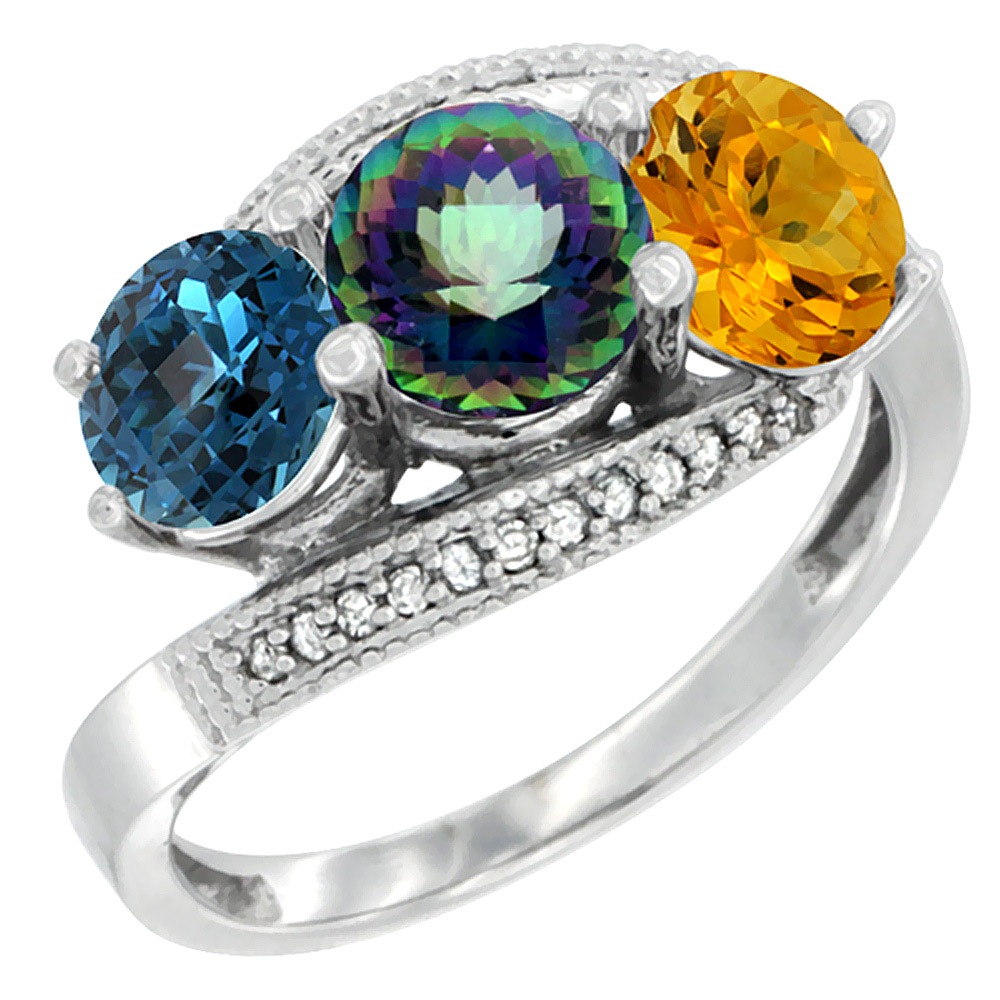 14K White Gold Natural London Blue Topaz, Mystic Topaz & Citrine 3 stone Ring Round 6mm Diamond Accent, sizes 5 - 10