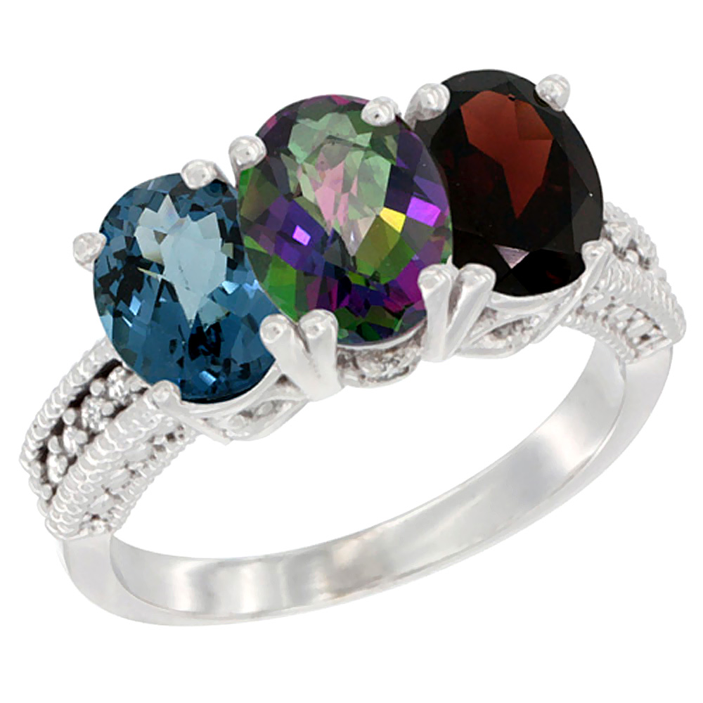 10K White Gold Natural London Blue Topaz, Mystic Topaz &amp; Garnet Ring 3-Stone Oval 7x5 mm Diamond Accent, sizes 5 - 10