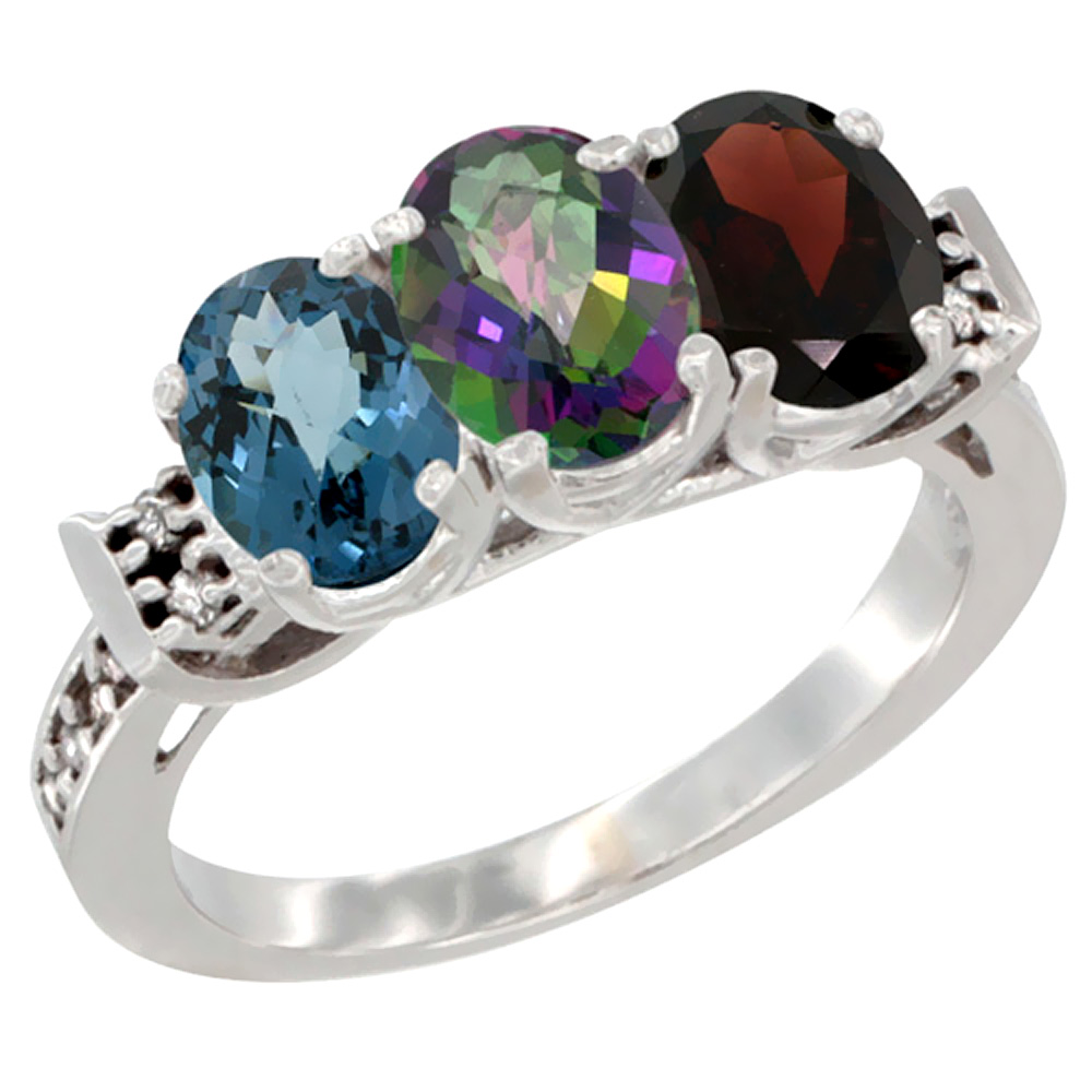 14K White Gold Natural London Blue Topaz, Mystic Topaz & Garnet Ring 3-Stone 7x5 mm Oval Diamond Accent, sizes 5 - 10