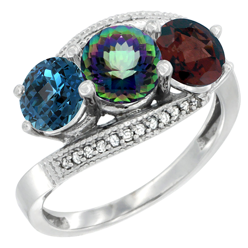 14K White Gold Natural London Blue Topaz, Mystic Topaz & Garnet 3 stone Ring Round 6mm Diamond Accent, sizes 5 - 10