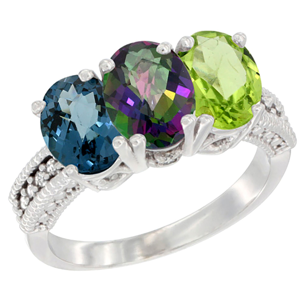 10K White Gold Natural London Blue Topaz, Mystic Topaz & Peridot Ring 3-Stone Oval 7x5 mm Diamond Accent, sizes 5 - 10