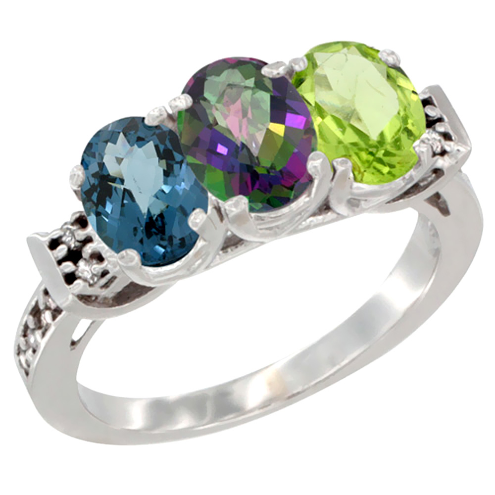 10K White Gold Natural London Blue Topaz, Mystic Topaz & Peridot Ring 3-Stone Oval 7x5 mm Diamond Accent, sizes 5 - 10