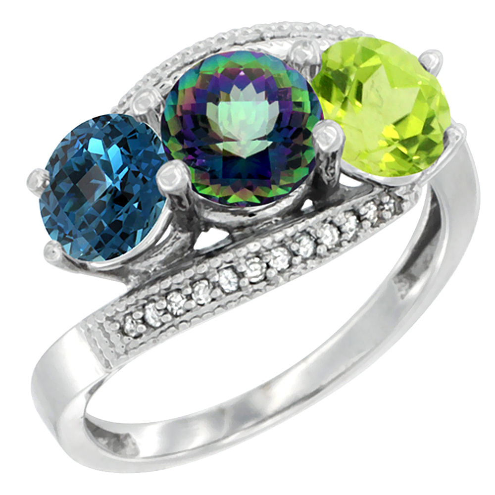 10K White Gold Natural London Blue Topaz, Mystic Topaz & Peridot 3 stone Ring Round 6mm Diamond Accent, sizes 5 - 10