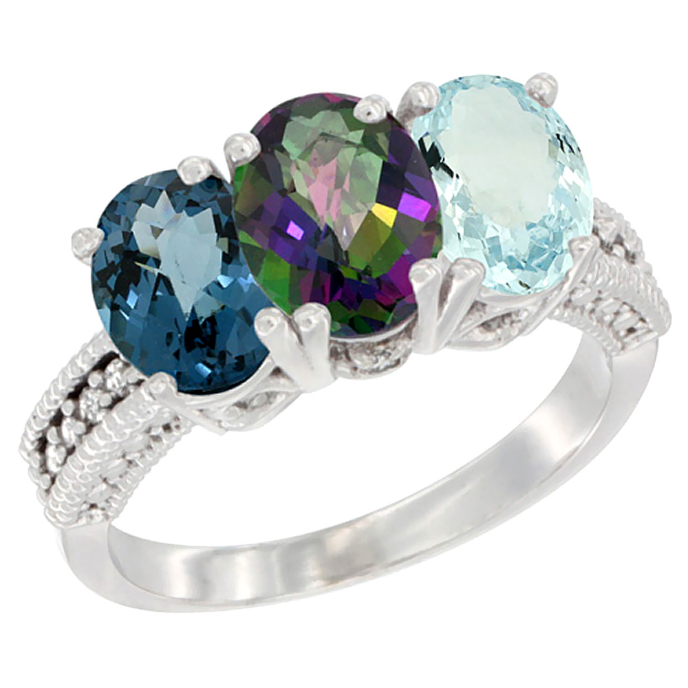 14K White Gold Natural London Blue Topaz, Mystic Topaz &amp; Aquamarine Ring 3-Stone 7x5 mm Oval Diamond Accent, sizes 5 - 10