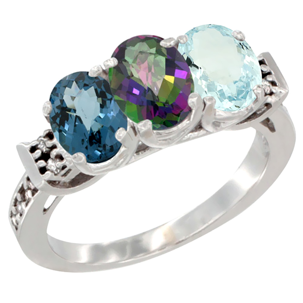 14K White Gold Natural London Blue Topaz, Mystic Topaz & Aquamarine Ring 3-Stone 7x5 mm Oval Diamond Accent, sizes 5 - 10