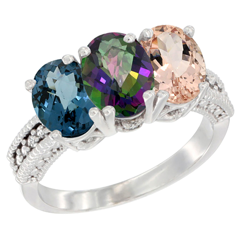 10K White Gold Natural London Blue Topaz, Mystic Topaz &amp; Morganite Ring 3-Stone Oval 7x5 mm Diamond Accent, sizes 5 - 10