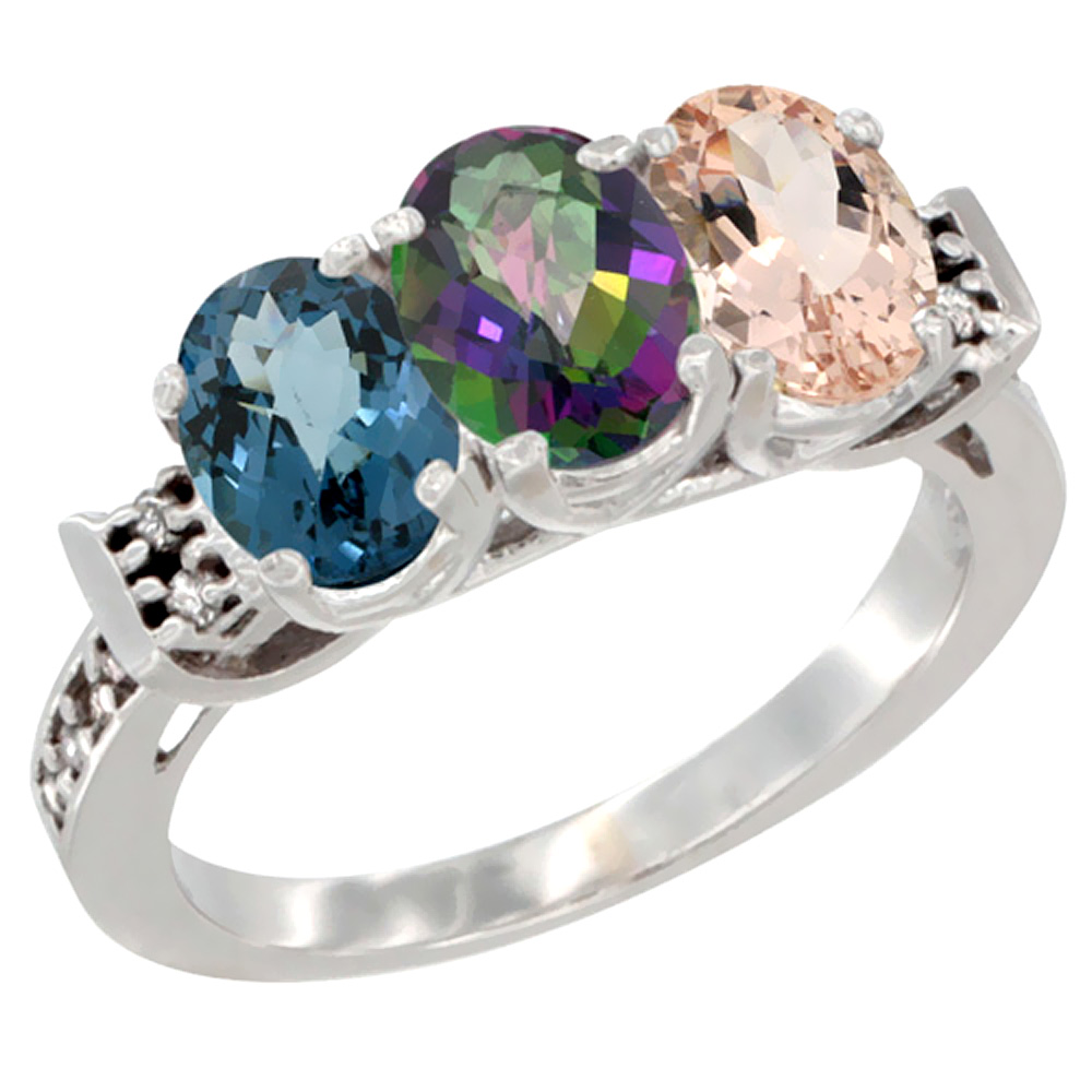 14K White Gold Natural London Blue Topaz, Mystic Topaz &amp; Morganite Ring 3-Stone 7x5 mm Oval Diamond Accent, sizes 5 - 10