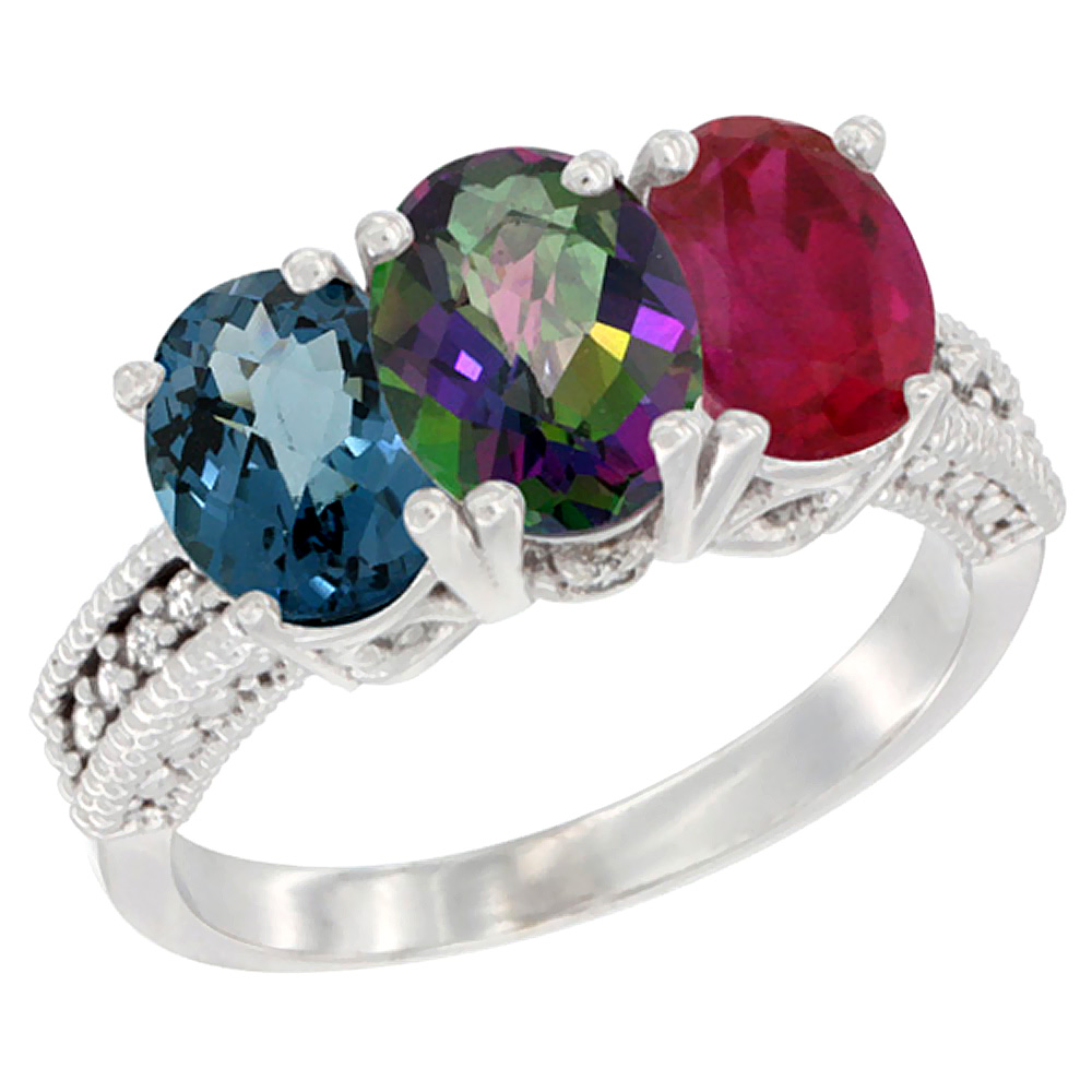 14K White Gold Natural London Blue Topaz, Mystic Topaz & Enhanced Ruby Ring 3-Stone 7x5 mm Oval Diamond Accent, sizes 5 - 10