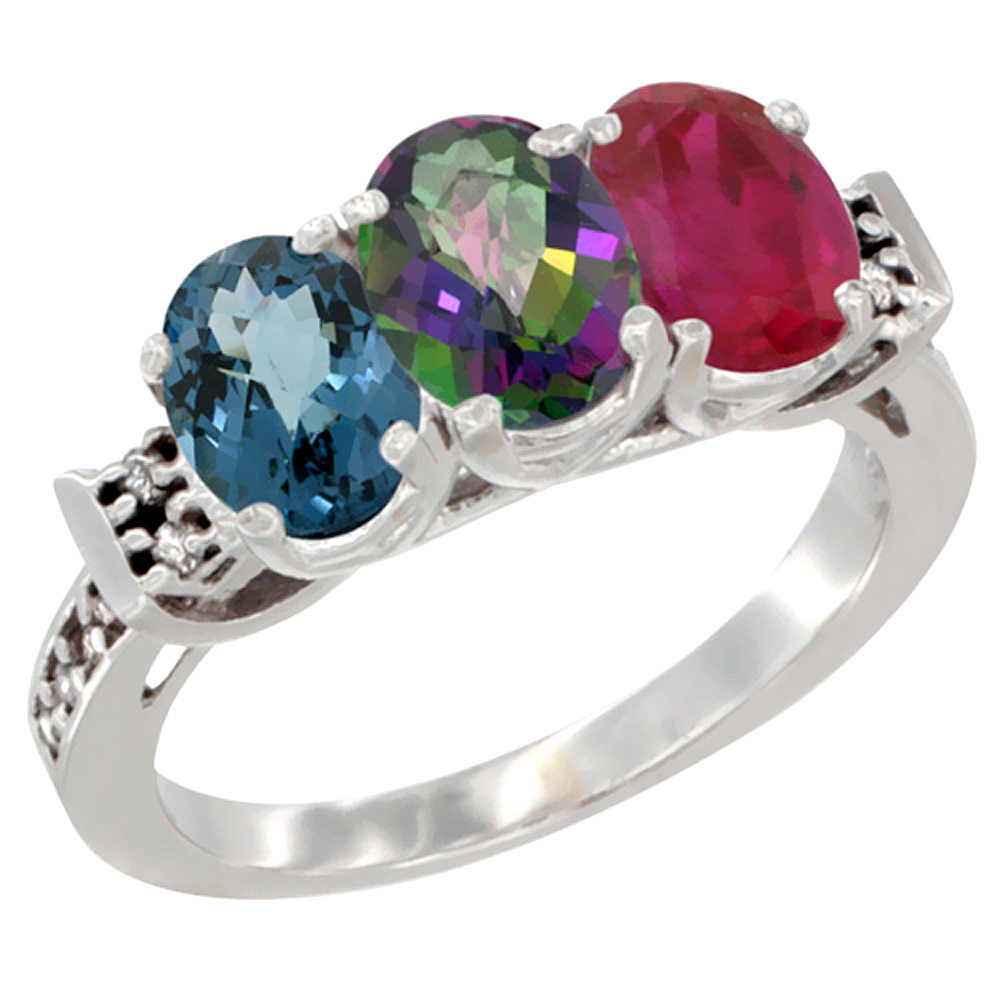 10K White Gold Natural London Blue Topaz, Mystic Topaz & Enhanced Ruby Ring 3-Stone Oval 7x5 mm Diamond Accent, sizes 5 - 10