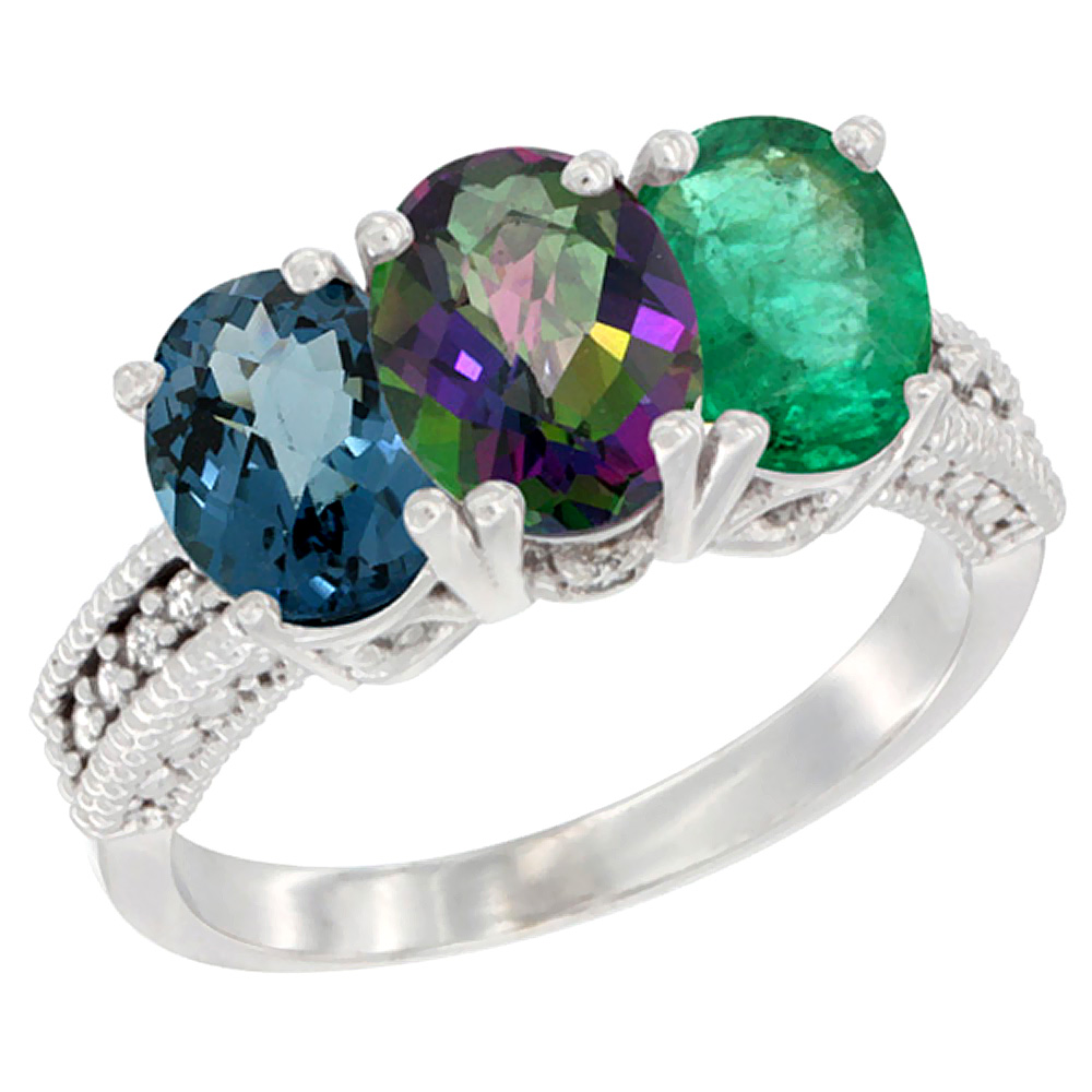 10K White Gold Natural London Blue Topaz, Mystic Topaz &amp; Emerald Ring 3-Stone Oval 7x5 mm Diamond Accent, sizes 5 - 10