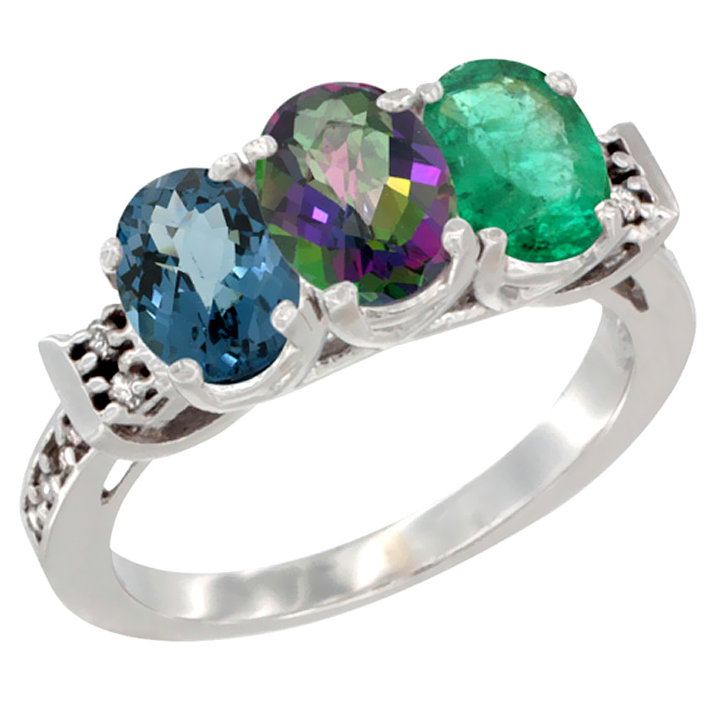 14K White Gold Natural London Blue Topaz, Mystic Topaz & Emerald Ring 3-Stone 7x5 mm Oval Diamond Accent, sizes 5 - 10