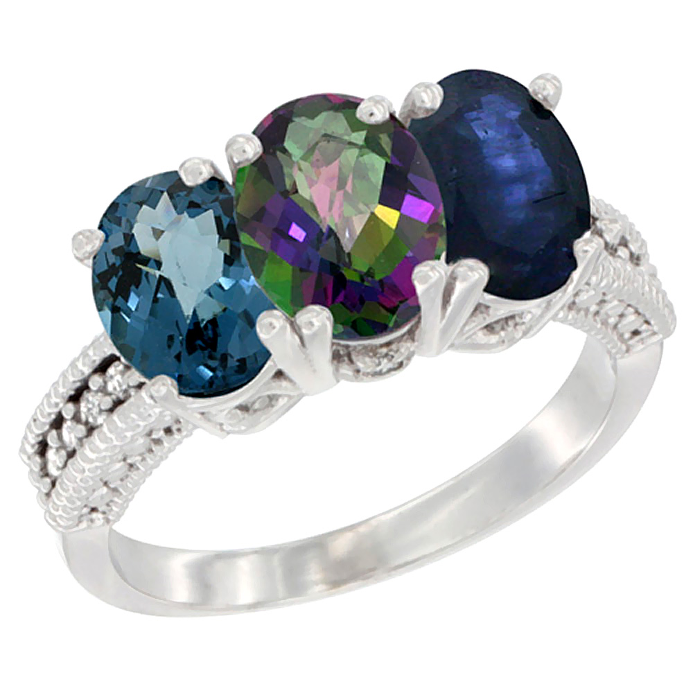 10K White Gold Natural London Blue Topaz, Mystic Topaz & Blue Sapphire Ring 3-Stone Oval 7x5 mm Diamond Accent, sizes 5 - 10