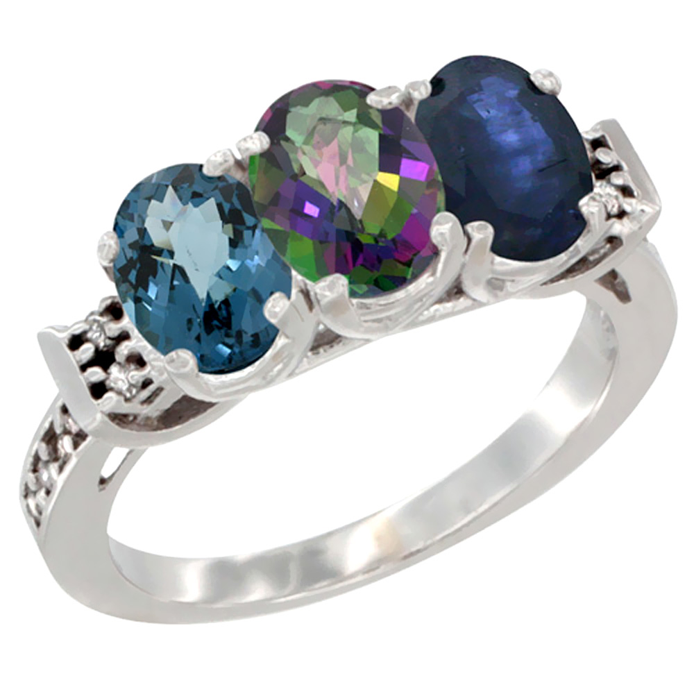 10K White Gold Natural London Blue Topaz, Mystic Topaz & Blue Sapphire Ring 3-Stone Oval 7x5 mm Diamond Accent, sizes 5 - 10