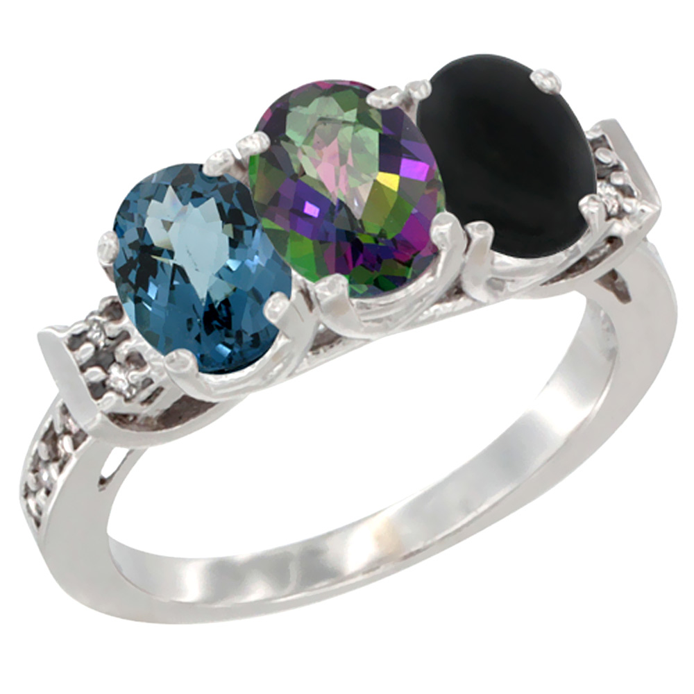 10K White Gold Natural London Blue Topaz, Mystic Topaz & Black Onyx Ring 3-Stone Oval 7x5 mm Diamond Accent, sizes 5 - 10