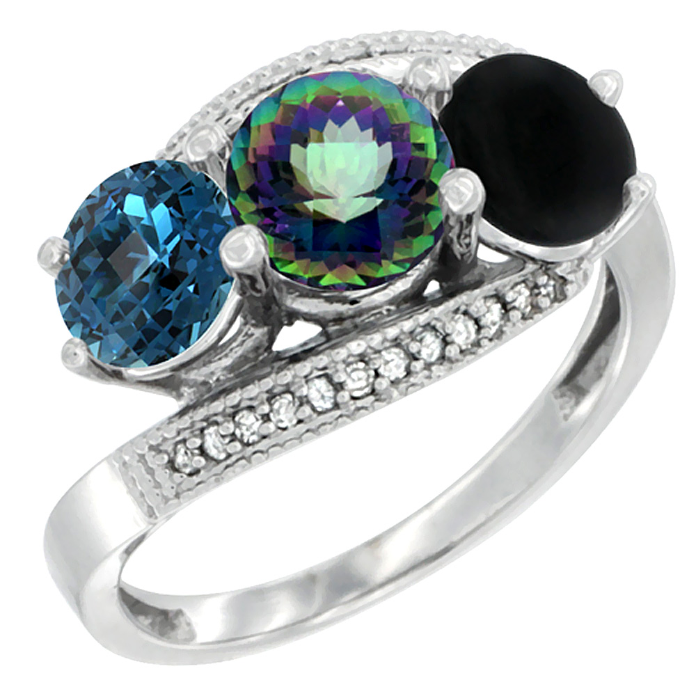 14K White Gold Natural London Blue Topaz, Mystic Topaz & Black Onyx 3 stone Ring Round 6mm Diamond Accent, sizes 5 - 10