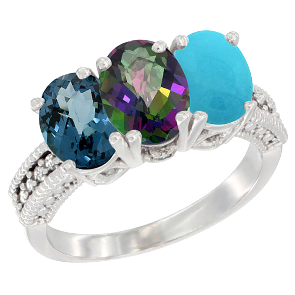 10K White Gold Natural London Blue Topaz, Mystic Topaz & Turquoise Ring 3-Stone Oval 7x5 mm Diamond Accent, sizes 5 - 10