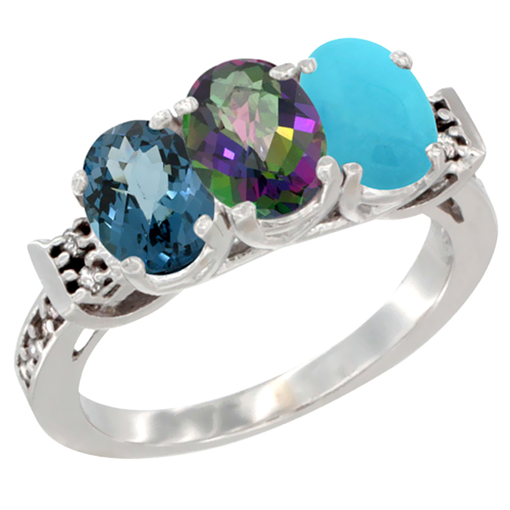 10K White Gold Natural London Blue Topaz, Mystic Topaz & Turquoise Ring 3-Stone Oval 7x5 mm Diamond Accent, sizes 5 - 10