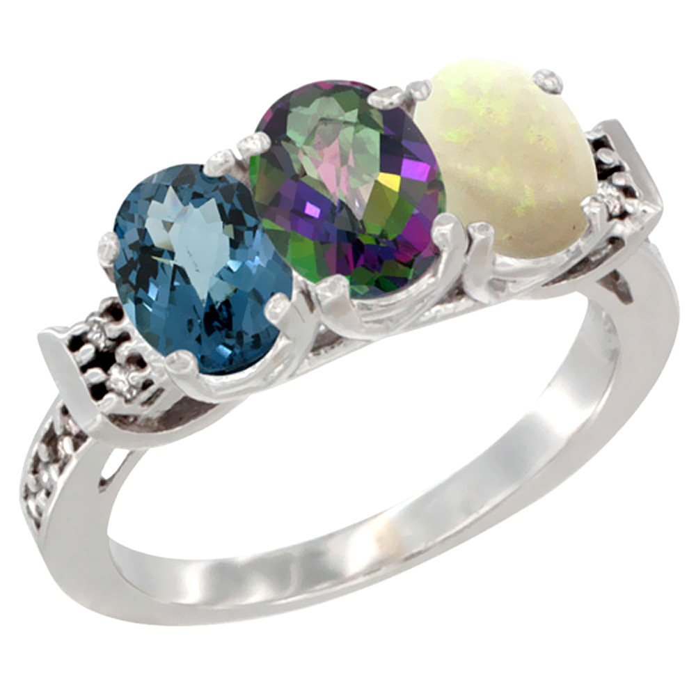 10K White Gold Natural London Blue Topaz, Mystic Topaz &amp; Opal Ring 3-Stone Oval 7x5 mm Diamond Accent, sizes 5 - 10