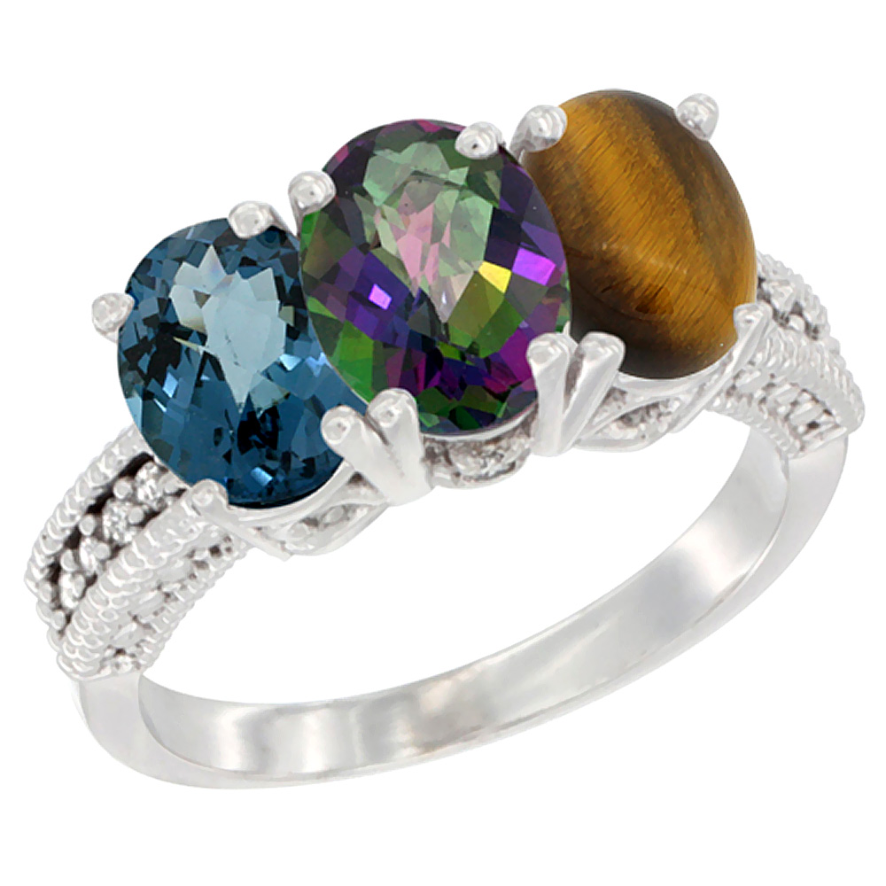 14K White Gold Natural London Blue Topaz, Mystic Topaz & Tiger Eye Ring 3-Stone 7x5 mm Oval Diamond Accent, sizes 5 - 10