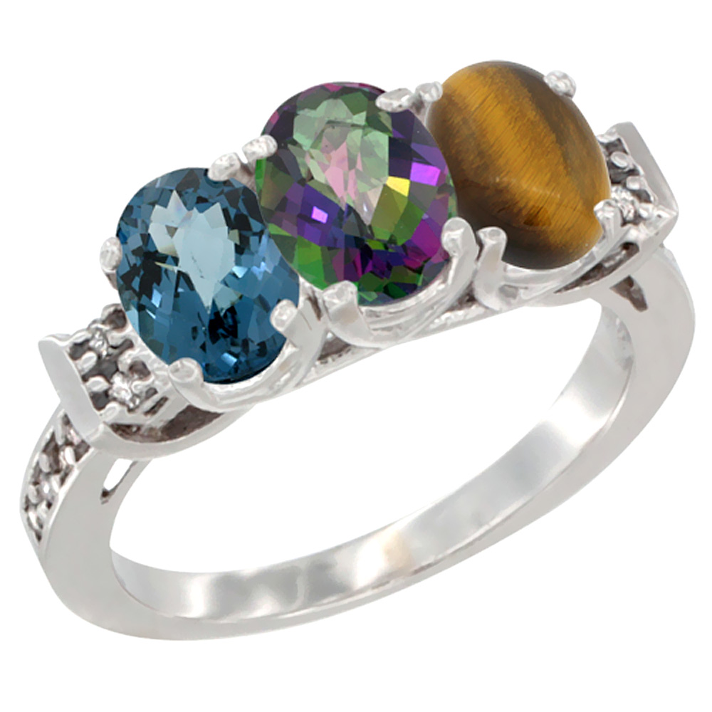 14K White Gold Natural London Blue Topaz, Mystic Topaz & Tiger Eye Ring 3-Stone 7x5 mm Oval Diamond Accent, sizes 5 - 10