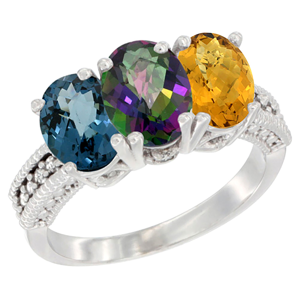 14K White Gold Natural London Blue Topaz, Mystic Topaz & Whisky Quartz Ring 3-Stone 7x5 mm Oval Diamond Accent, sizes 5 - 10