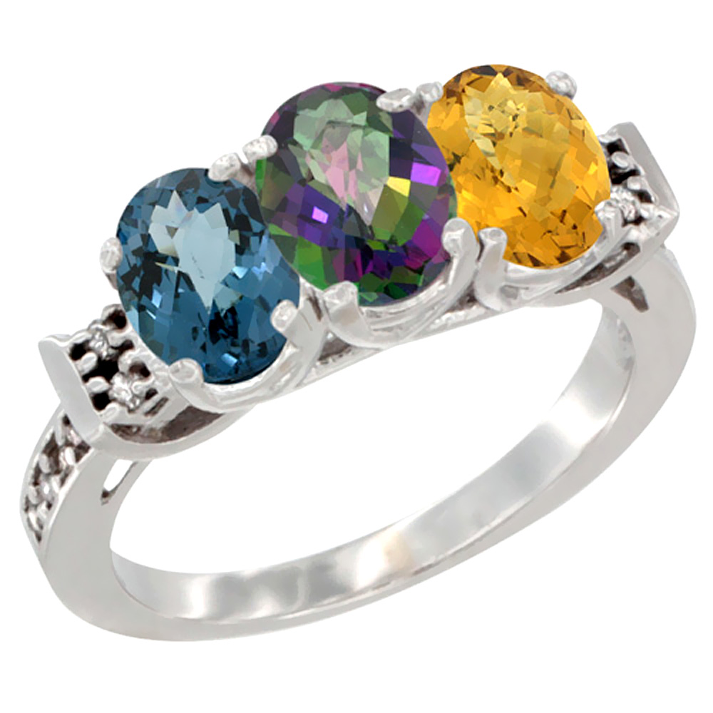 10K White Gold Natural London Blue Topaz, Mystic Topaz & Whisky Quartz Ring 3-Stone Oval 7x5 mm Diamond Accent, sizes 5 - 10