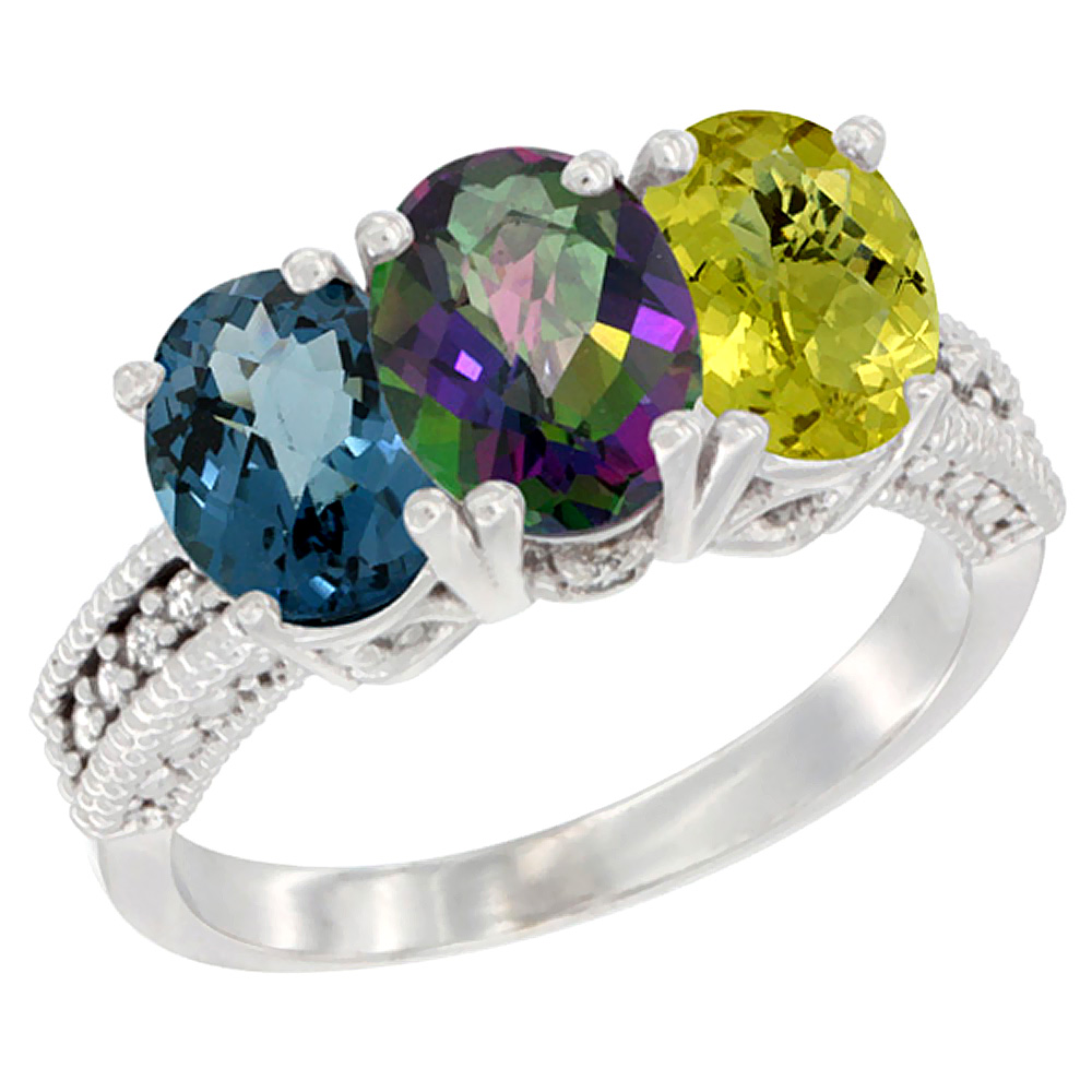 14K White Gold Natural London Blue Topaz, Mystic Topaz & Lemon Quartz Ring 3-Stone 7x5 mm Oval Diamond Accent, sizes 5 - 10