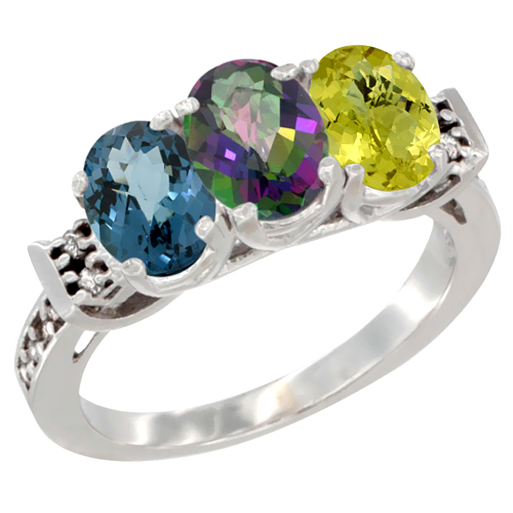 10K White Gold Natural London Blue Topaz, Mystic Topaz & Lemon Quartz Ring 3-Stone Oval 7x5 mm Diamond Accent, sizes 5 - 10