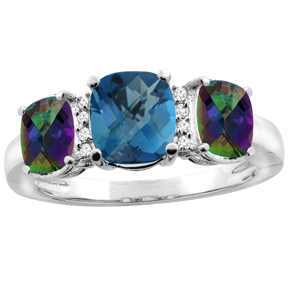 14K White Gold Natural London Blue Topaz & Mystic Topaz 3-stone Ring Cushion 8x6mm Diamond Accent, sizes 5 - 10