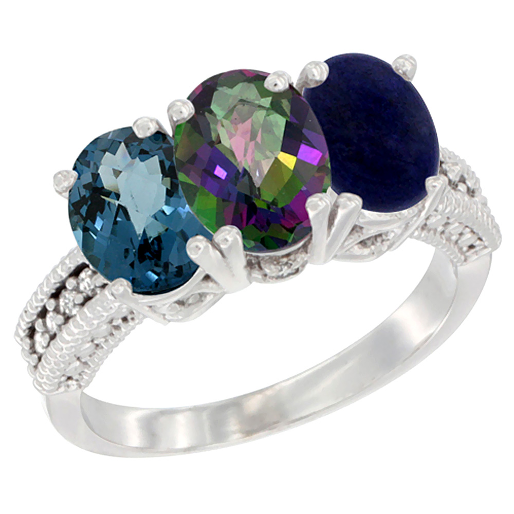 10K White Gold Natural London Blue Topaz, Mystic Topaz &amp; Lapis Ring 3-Stone Oval 7x5 mm Diamond Accent, sizes 5 - 10