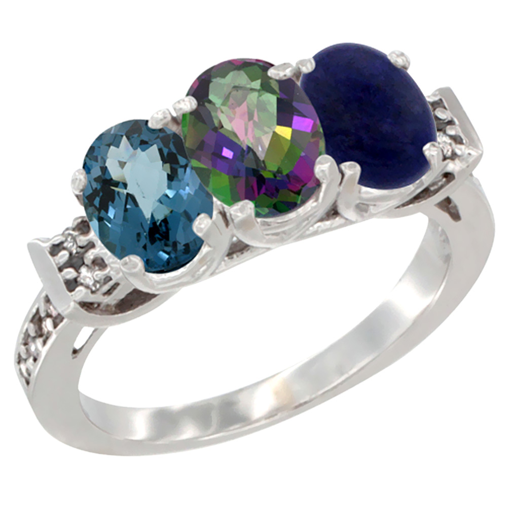 10K White Gold Natural London Blue Topaz, Mystic Topaz & Lapis Ring 3-Stone Oval 7x5 mm Diamond Accent, sizes 5 - 10