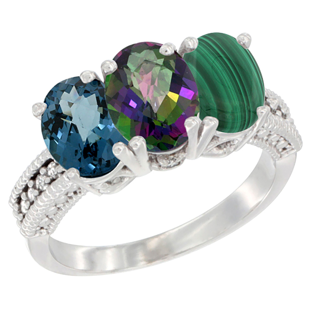 10K White Gold Natural London Blue Topaz, Mystic Topaz &amp; Malachite Ring 3-Stone Oval 7x5 mm Diamond Accent, sizes 5 - 10