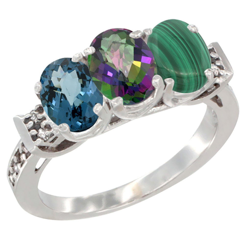 10K White Gold Natural London Blue Topaz, Mystic Topaz &amp; Malachite Ring 3-Stone Oval 7x5 mm Diamond Accent, sizes 5 - 10