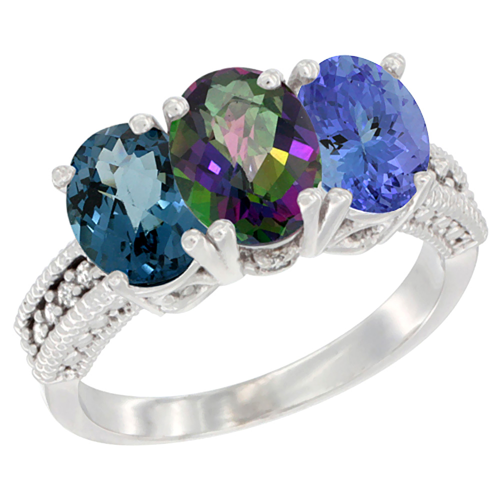 14K White Gold Natural London Blue Topaz, Mystic Topaz & Tanzanite Ring 3-Stone 7x5 mm Oval Diamond Accent, sizes 5 - 10